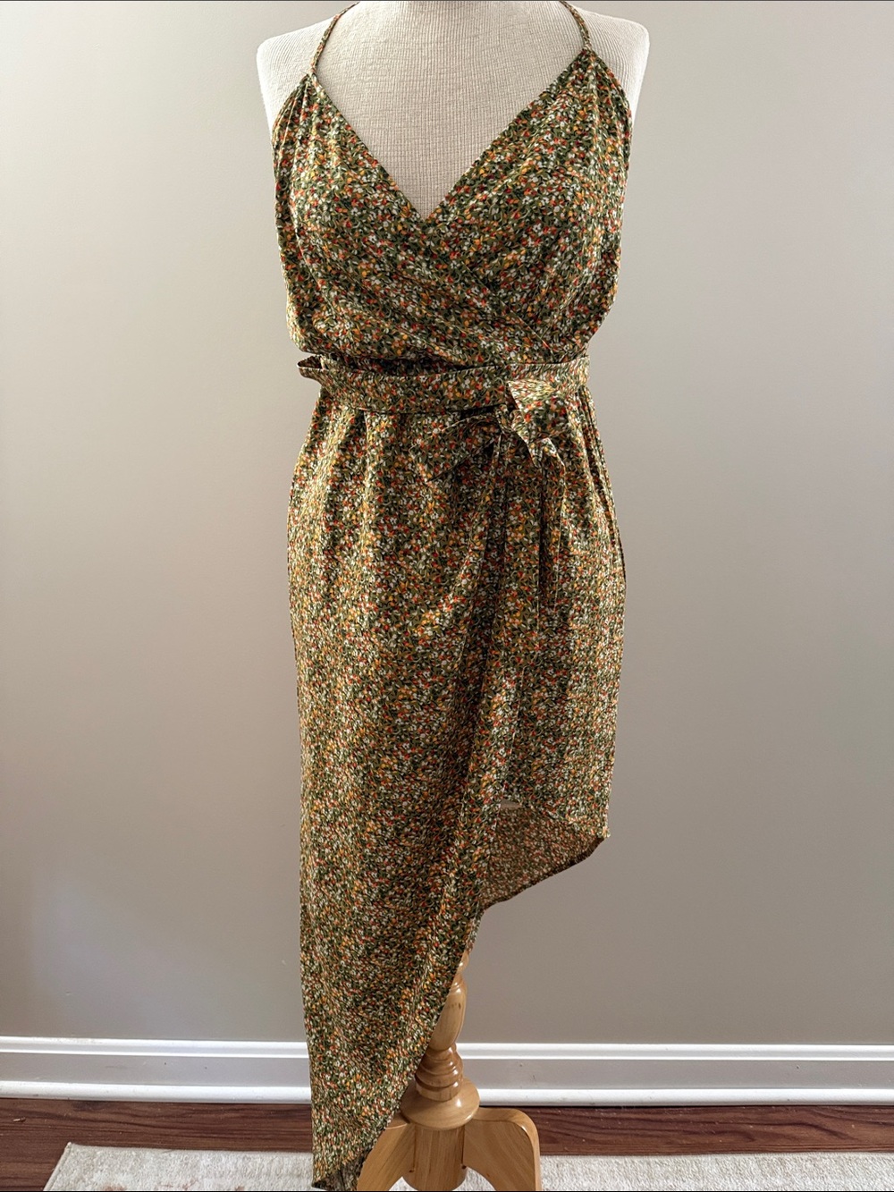 Material Girl Floral Wrap Midi Dress in Olive Green